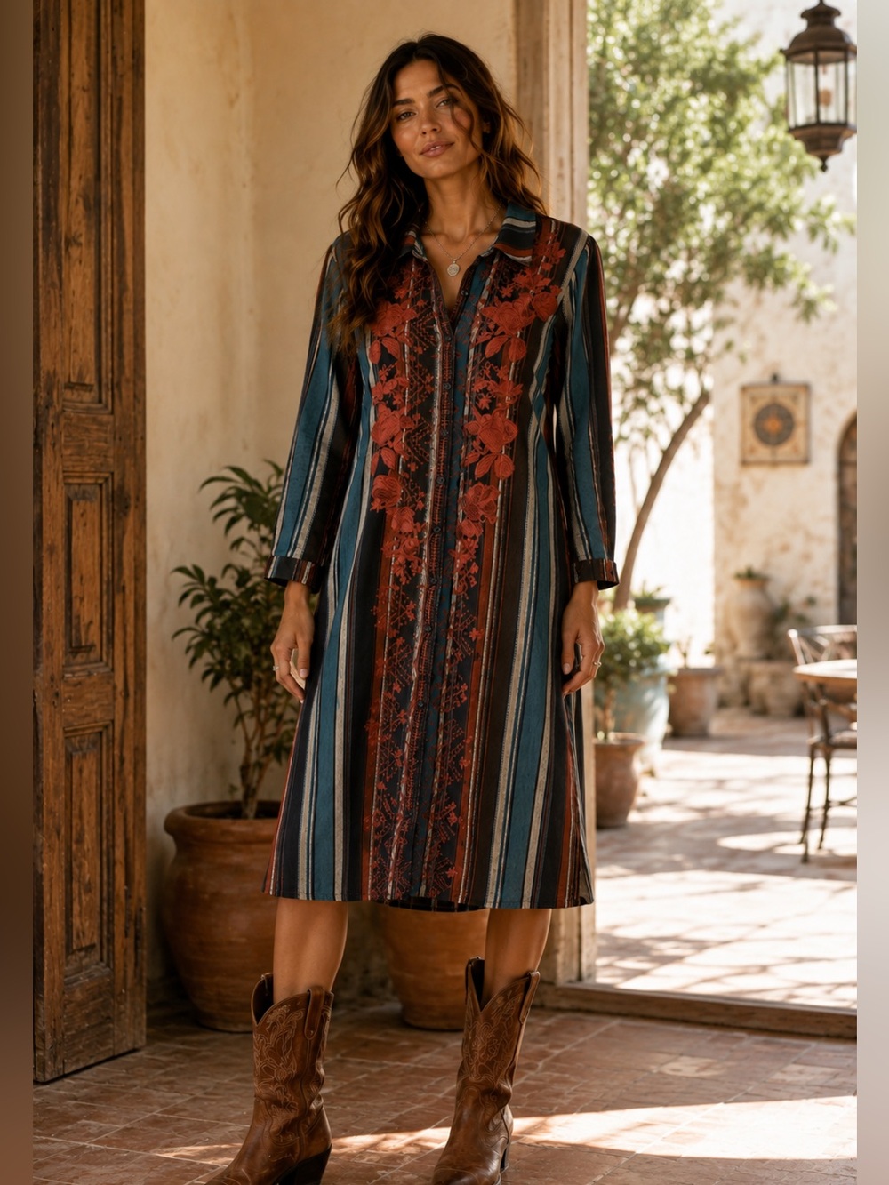 Andrée By Unit Teal M Embroidered Midi Shirt Dress Boho Western Cotton Linen